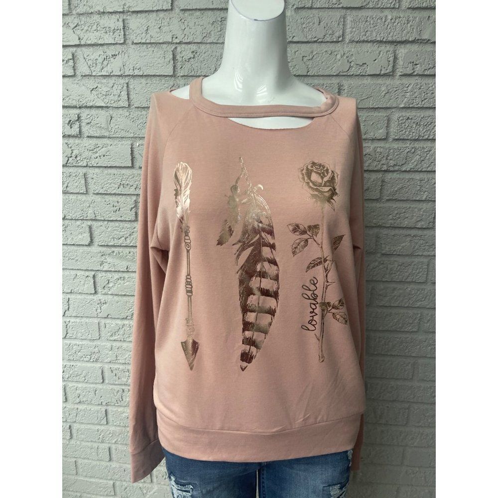 West coast Love Raw Edge Cut-Out Rose Gold Graphic Top Size S